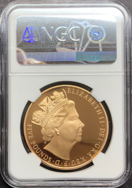 イギリス2015年エリザベス最長在位5ポンド金貨NGC PF70UCAM画像