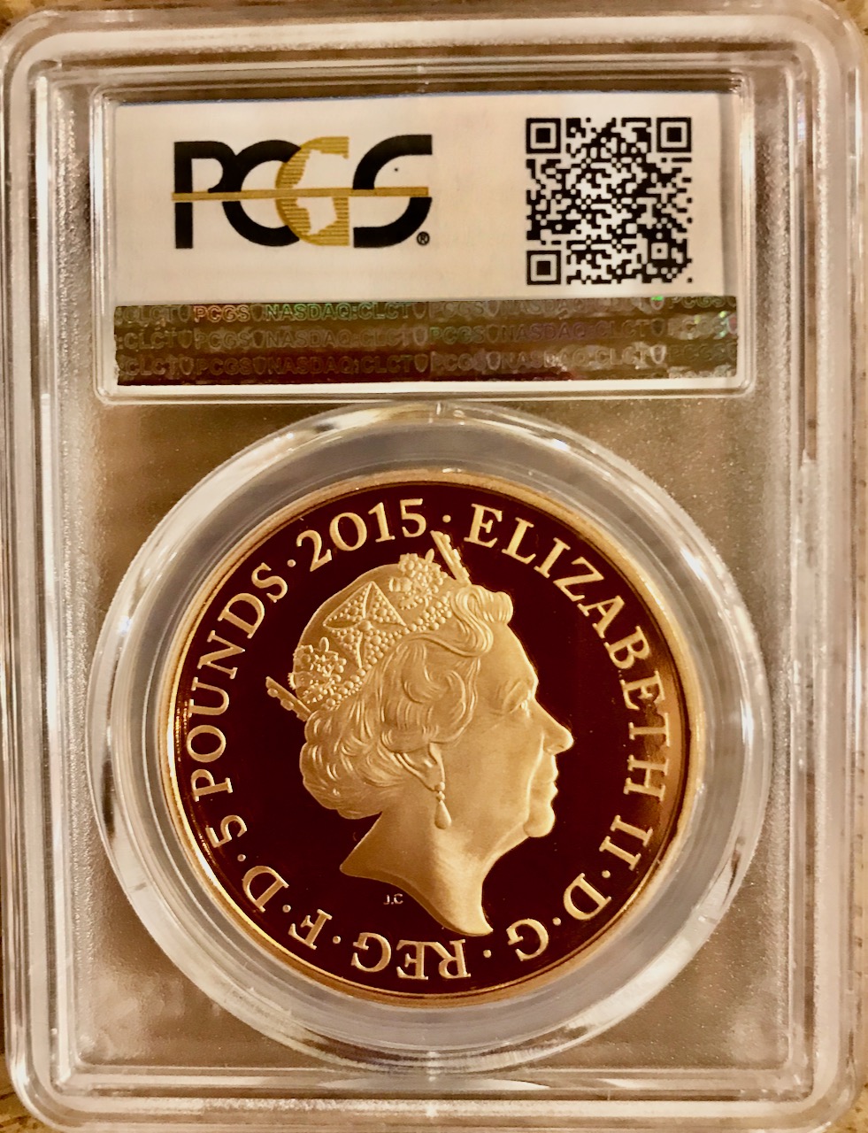 イギリス2015年ウオータールー5ポンド金貨 PR69DCAM画像