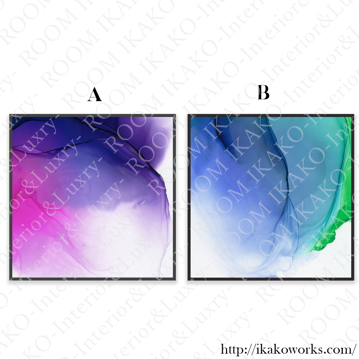 【国内配送・送料無料】水彩インクアート×抽象×ブルーグリーン×パープル×スクエア・正方形キャンバスアート×アートポスター【1~3営業日で出荷】[f759]の画像