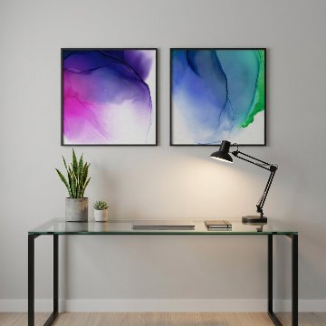 【国内配送・送料無料】水彩インクアート×抽象×ブルーグリーン×パープル×スクエア・正方形キャンバスアート×アートポスター【1~3営業日で出荷】[f759]の画像