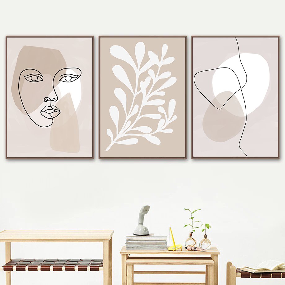【国内配送・送料無料】抽象×ベージュ×線画×植物×葉モチーフ×リーフ×キャンバスアート×アートポスター【1~3営業日で出荷】[f761]の画像