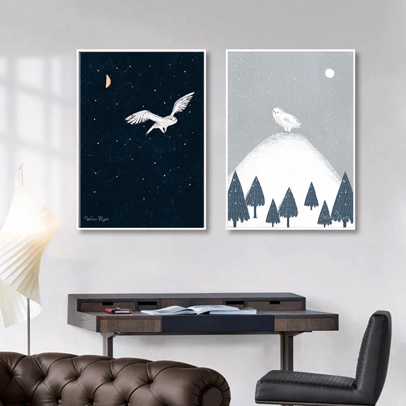 【国内配送・送料無料】winter night×冬の夜シンプルイラストアート×鹿×フクロウ×月×夜×雪×自然×キャンバスアート×アートポスター【1~3営業日で出荷】[f766]の画像