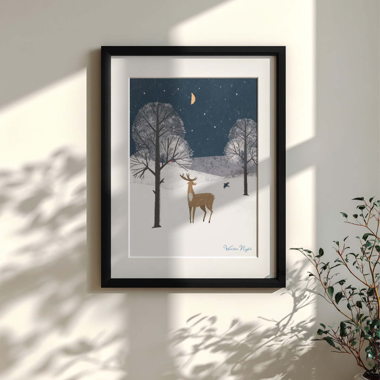 【国内配送・送料無料】winter night×冬の夜シンプルイラストアート×鹿×フクロウ×月×夜×雪×自然×キャンバスアート×アートポスター【1~3営業日で出荷】[f766]の画像