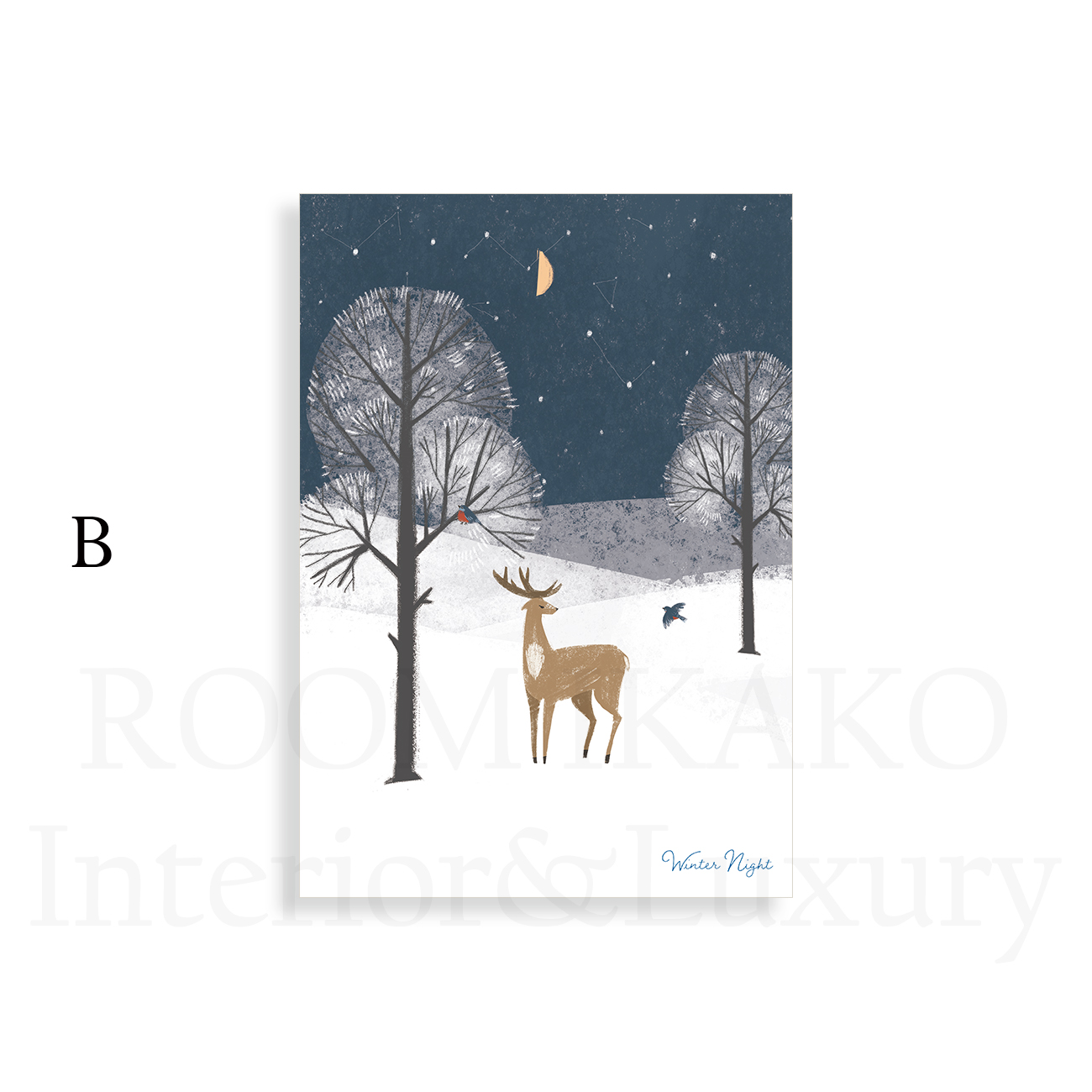 【国内配送・送料無料】winter night×冬の夜シンプルイラストアート×鹿×フクロウ×月×夜×雪×自然×キャンバスアート×アートポスター【1~3営業日で出荷】[f766]の画像