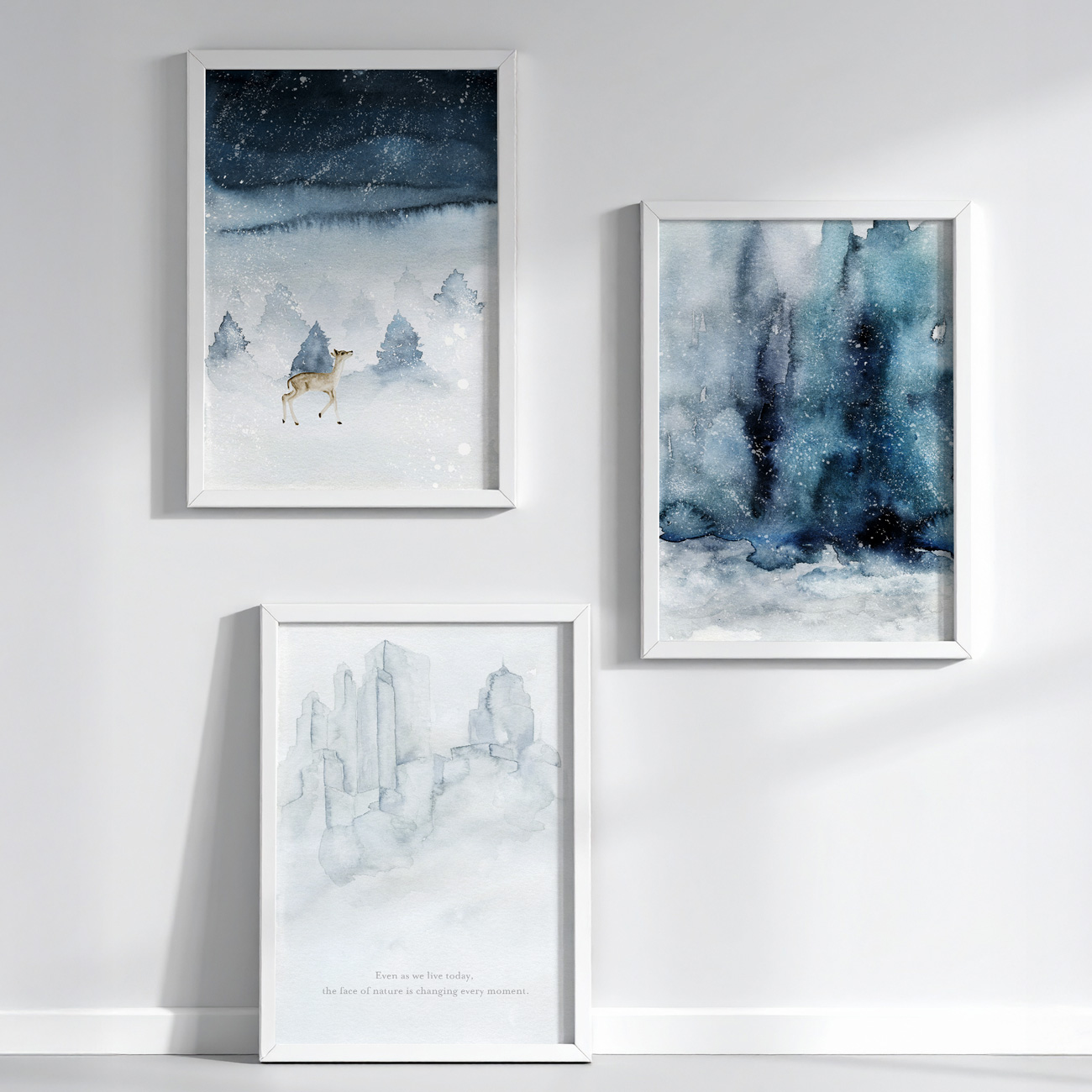 送料無料】ブルー×青ベース抽象画×インクデザインアート×水彩画×冬×鹿