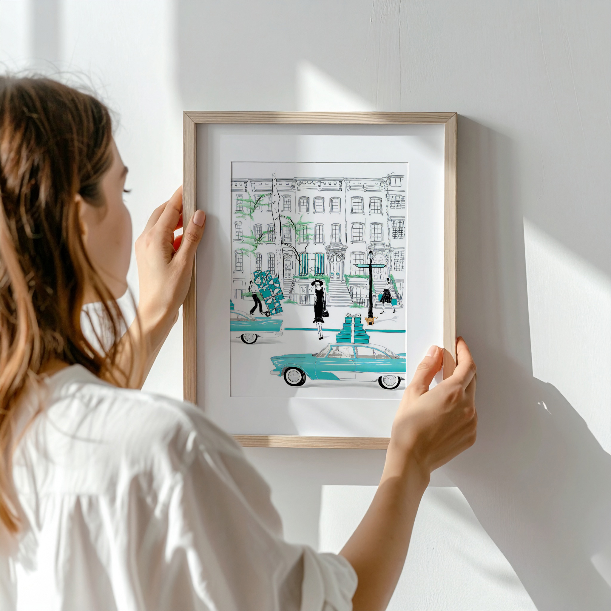 No.212フレーム付きキャンバスアート　オシャレ絵画　ブランドアートポスター 送料無料】ティファニーブルー×おしゃれイラスト×街並