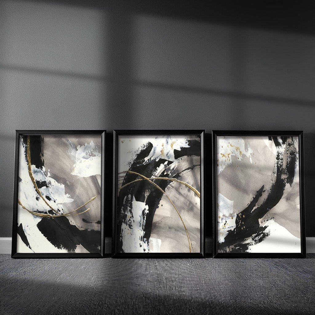 ブラック×グレーのゴールドライン抽象キャンバスアート[f777]の画像