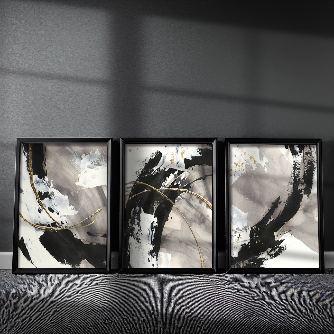 ブラック×グレーのゴールドライン抽象キャンバスアート[f777]の画像