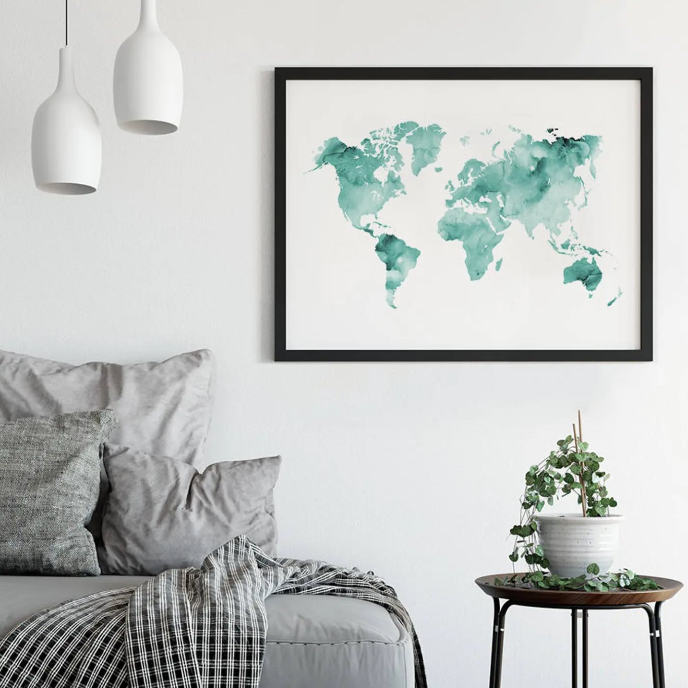 送料無料】世界地図×水彩地図×エメラルドグリーン×ブルー×ピンク