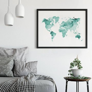 【国内配送・送料無料】世界地図×水彩ニュアンス×エメラルドグリーン×ブルー×ピンク×グレー×キャンバスアート×アートポスター【1~3営業日で出荷】[f780]の画像