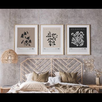 ベージュ×ブラックのフラワーモチーフ・ボタニカルシルエットアート｜キャンバスアート[f795]の画像