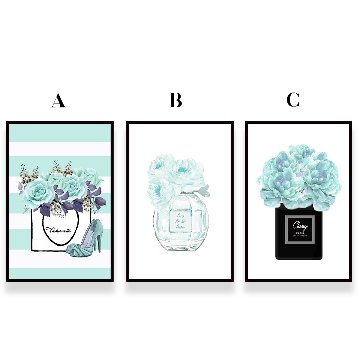 【国内配送・送料無料】スカイブルーおしゃれ×ファッション×フラワーボトル×花香水×キャンバスアート×アートポスター【1~3営業日で出荷】[f799]の画像