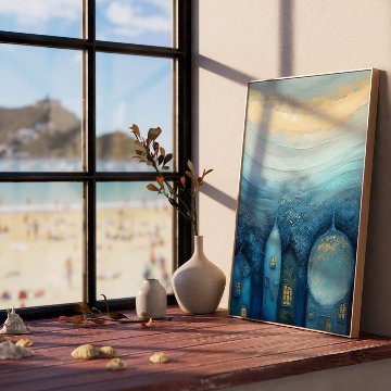 【国内配送・送料無料】青の街×油彩×幻想×キャンバスアート×アートポスター【1~3営業日で出荷】[f829]の画像