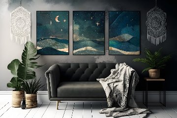ディープブルーの星空と月夜のイラストアート｜キャンバスアート[f838]の画像