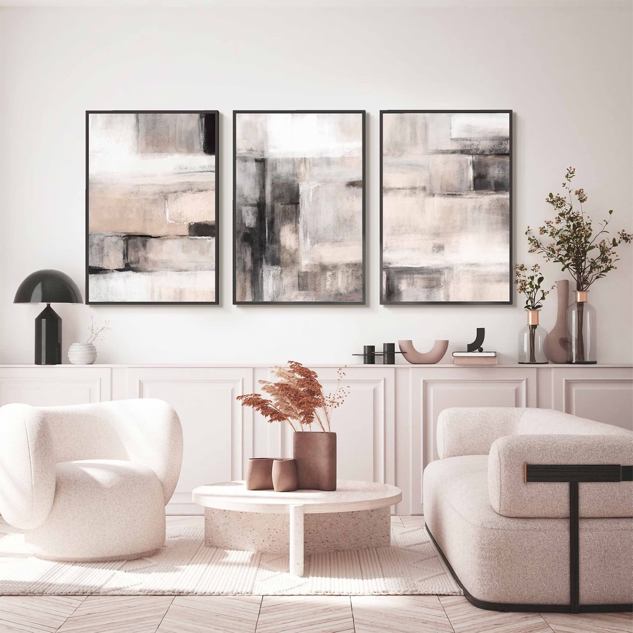 【国内配送・送料無料】ピンク抽象×ベージュブラック・デザイン×キャンバスアート×アートポスター【1~3営業日で出荷】[f843]の画像