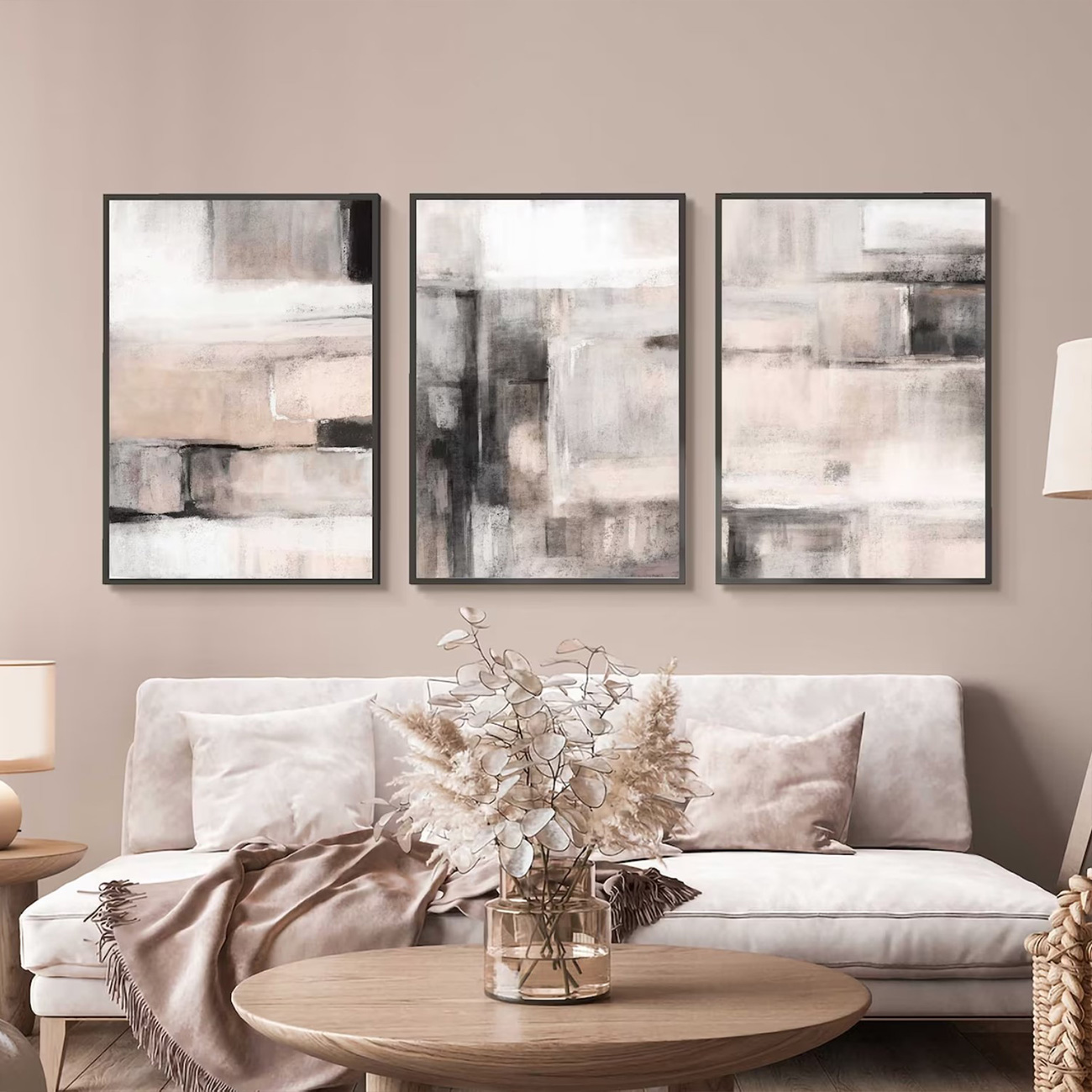 【国内配送・送料無料】ピンク抽象×ベージュブラック・デザイン×キャンバスアート×アートポスター【1~3営業日で出荷】[f843]の画像