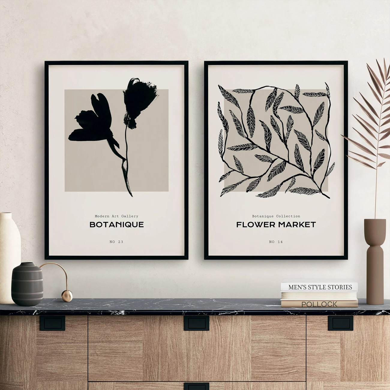 ブラック×ベージュの花と葉のグラフィックアート｜キャンバスアート[f844]の画像