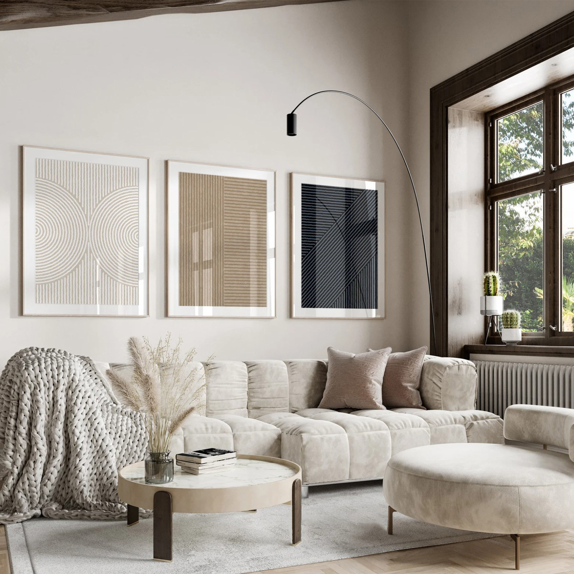 ベージュ×ブラックのリブライン抽象キャンバスアート[f848]の画像