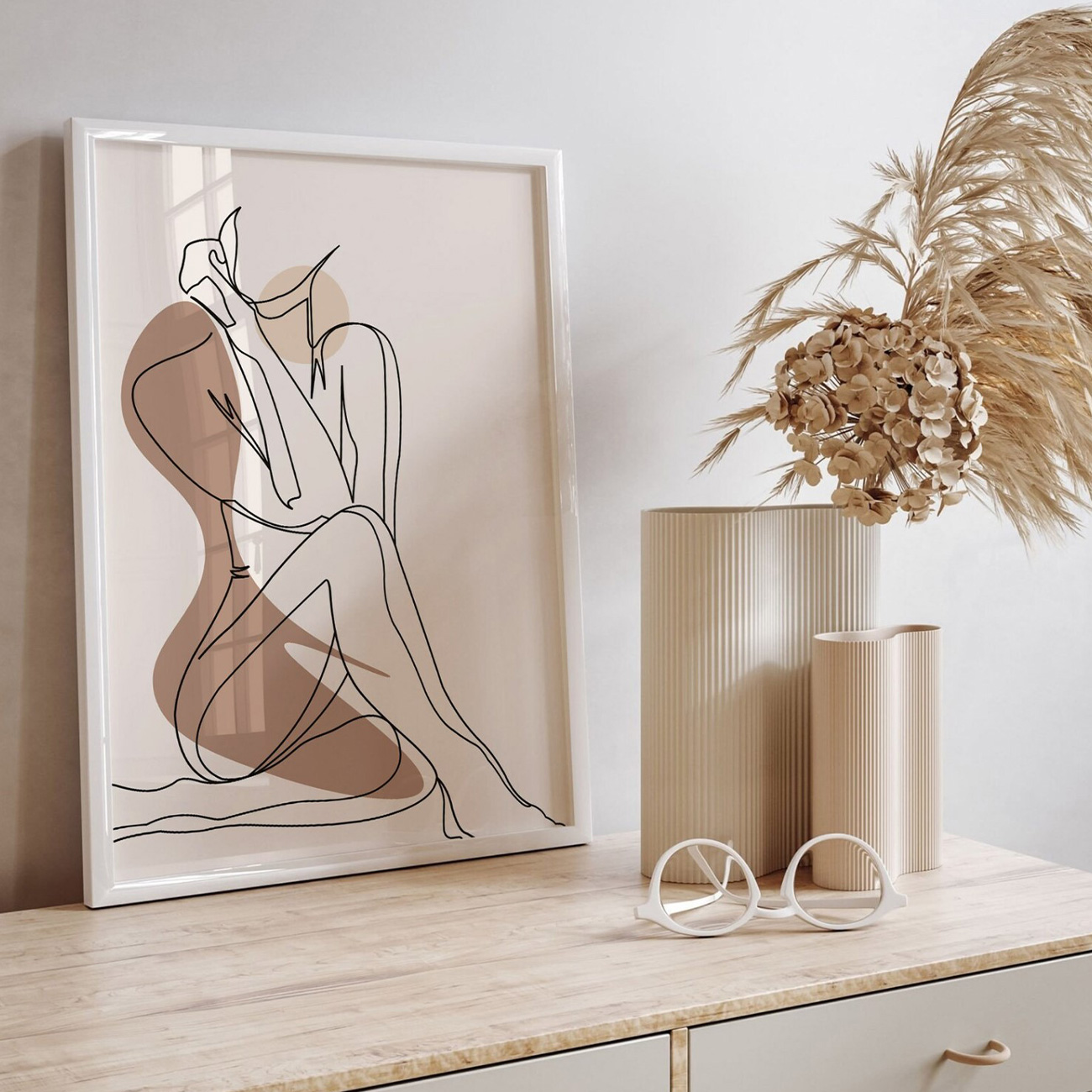 【国内配送・送料無料】女性ラインアート×ベージュブラウン×キャンバスアート×アートポスター【1~3営業日で出荷】[f853]の画像