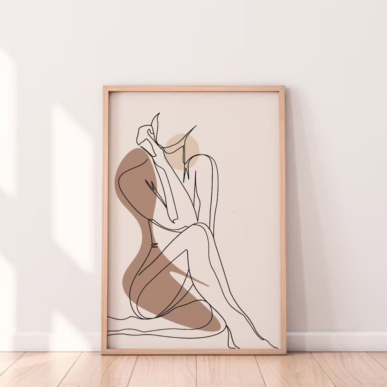【国内配送・送料無料】女性ラインアート×ベージュブラウン×キャンバスアート×アートポスター【1~3営業日で出荷】[f853]の画像