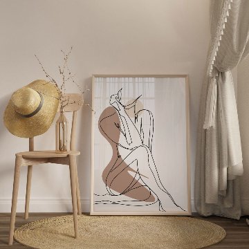 【国内配送・送料無料】女性ラインアート×ベージュブラウン×キャンバスアート×アートポスター【1~3営業日で出荷】[f853]の画像