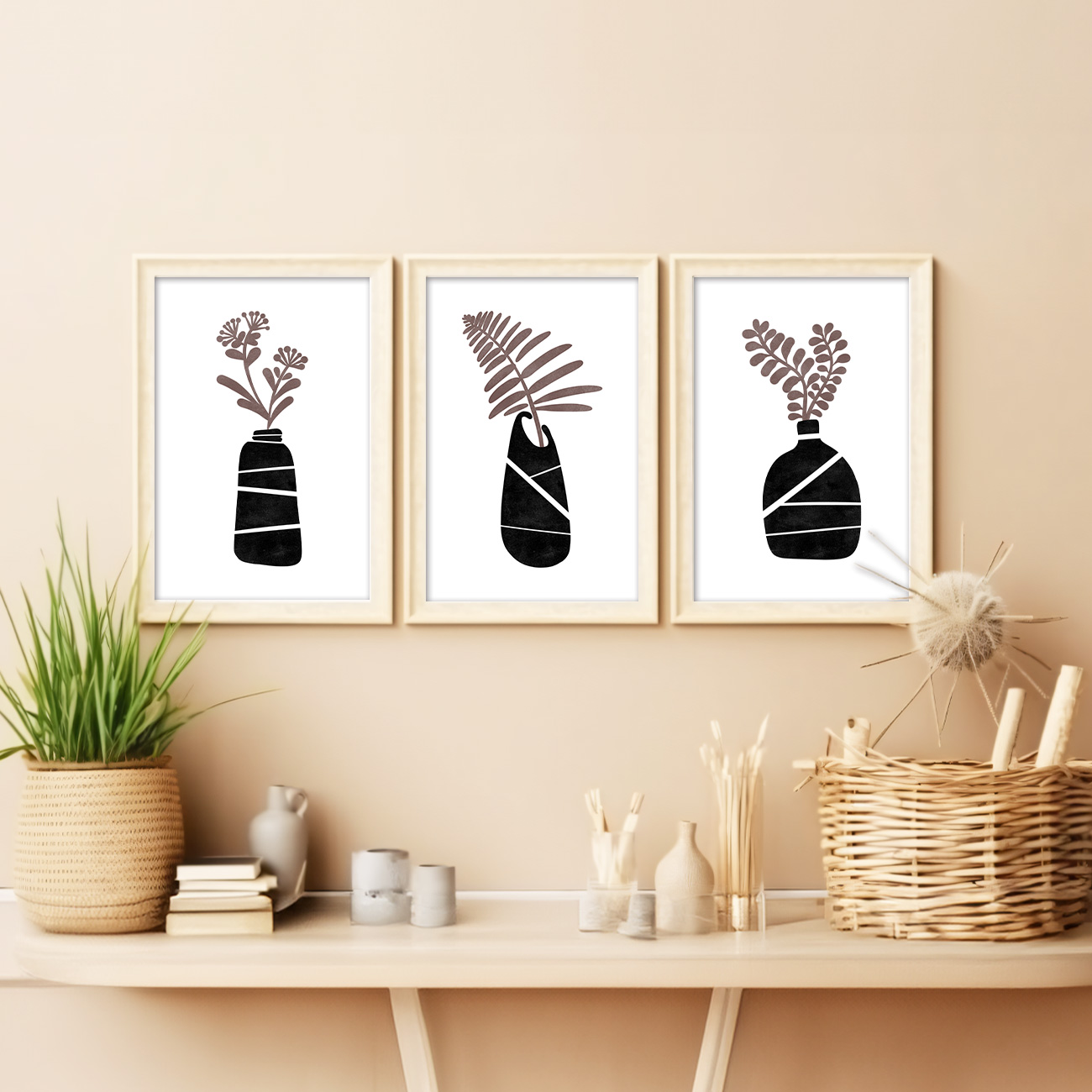 【国内配送・送料無料】花瓶×植物シルエットイラスト×ブラックブラウン×キャンバスアート×アートポスター【1~3営業日で出荷】[f855]の画像