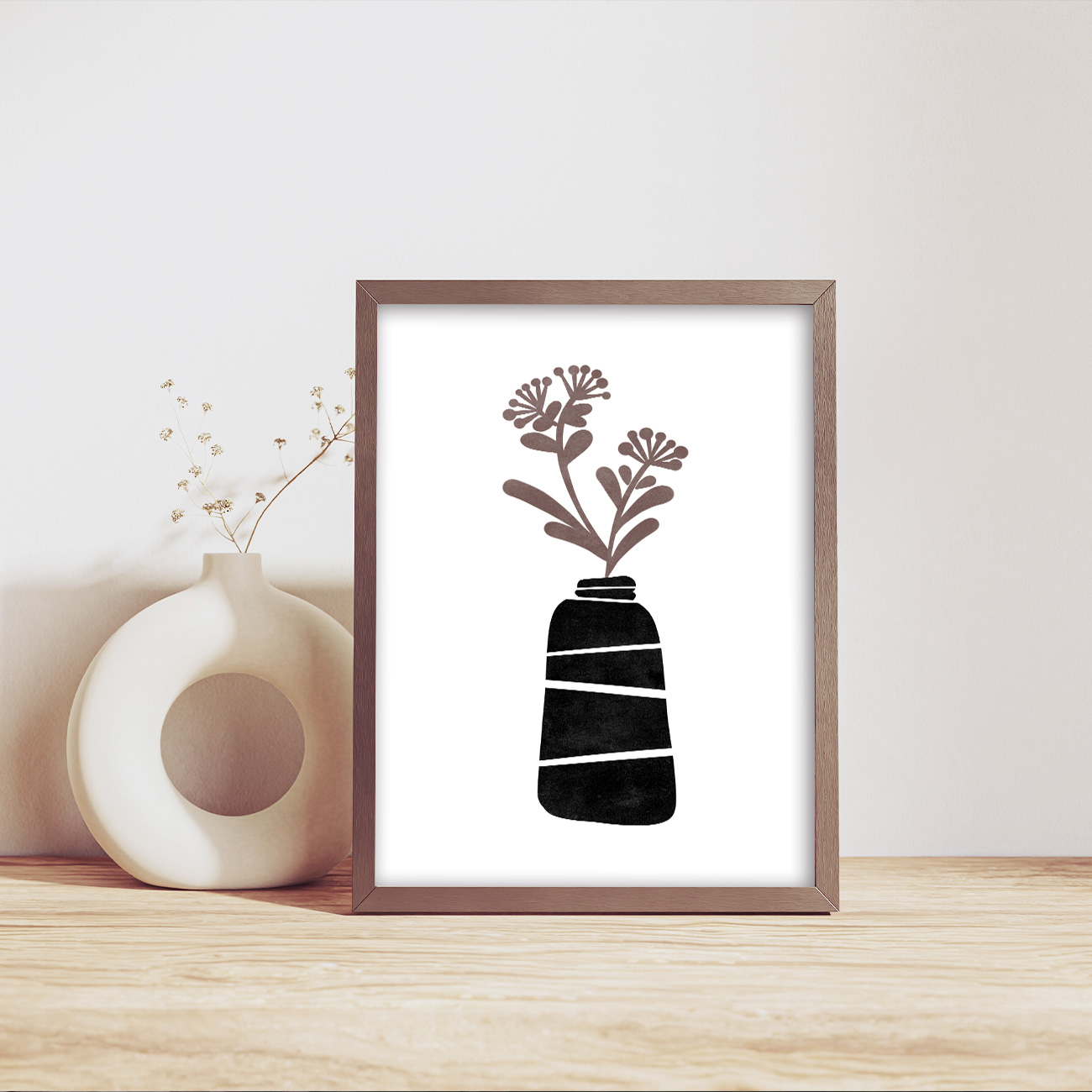 【国内配送・送料無料】花瓶×植物シルエットイラスト×ブラックブラウン×キャンバスアート×アートポスター【1~3営業日で出荷】[f855]の画像