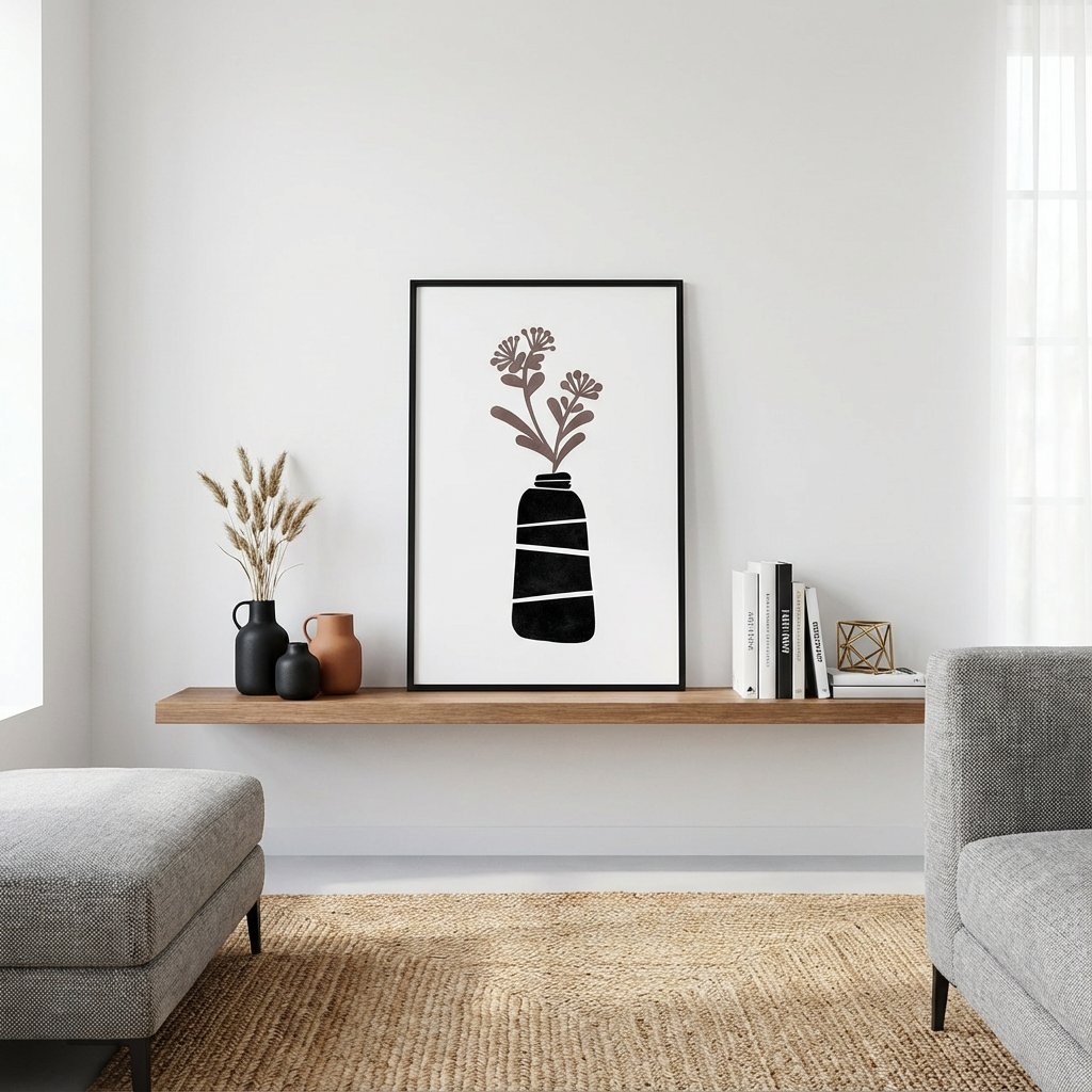 【国内配送・送料無料】花瓶×植物シルエットイラスト×ブラックブラウン×キャンバスアート×アートポスター【1~3営業日で出荷】[f855]の画像