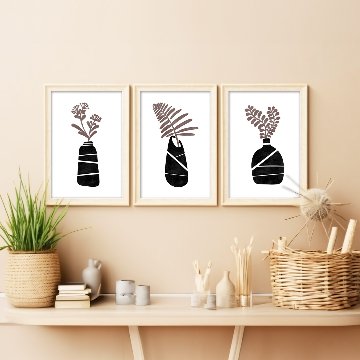 【国内配送・送料無料】花瓶×植物シルエットイラスト×ブラックブラウン×キャンバスアート×アートポスター【1~3営業日で出荷】[f855]の画像