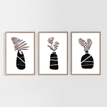 【国内配送・送料無料】花瓶×植物シルエットイラスト×ブラックブラウン×キャンバスアート×アートポスター【1~3営業日で出荷】[f855]の画像