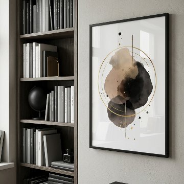 ［金環］ブラック水彩とゴールドリングの抽象キャンバスアート[f887]の画像