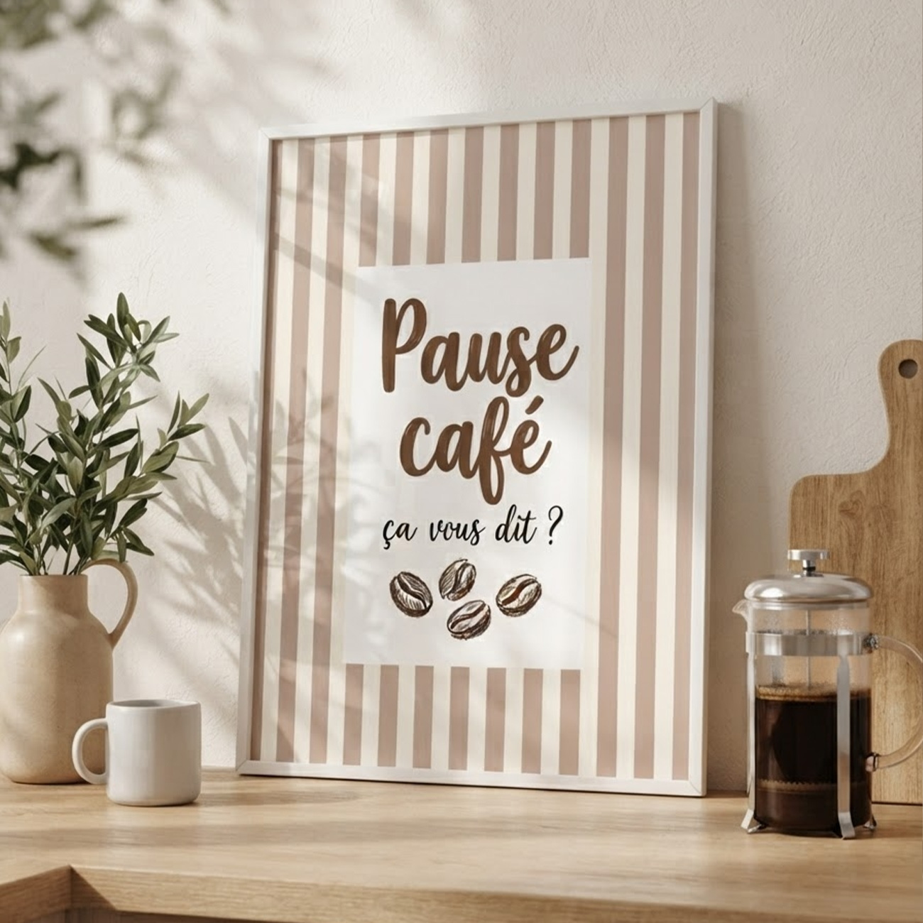 ［Pause café］ピンクベージュのカフェ・タイポグラフィキャンバスアート[f892]の画像