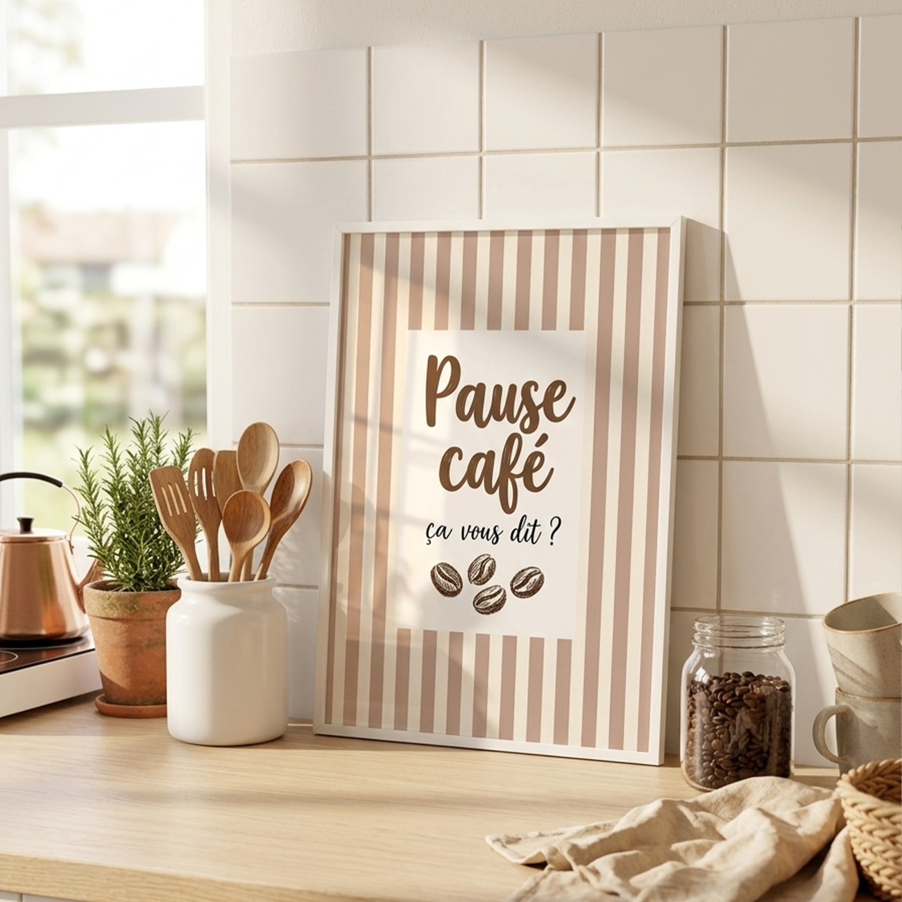 ［Pause café］ピンクベージュのカフェ・タイポグラフィキャンバスアート[f892]の画像