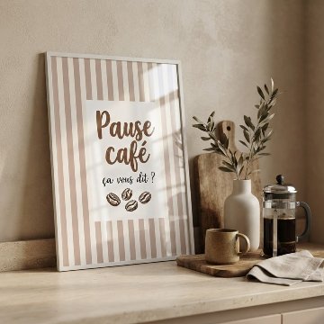 ［Pause café］ピンクベージュのカフェ・タイポグラフィキャンバスアート[f892]の画像