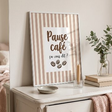 ［Pause café］ピンクベージュのカフェ・タイポグラフィキャンバスアート[f892]の画像