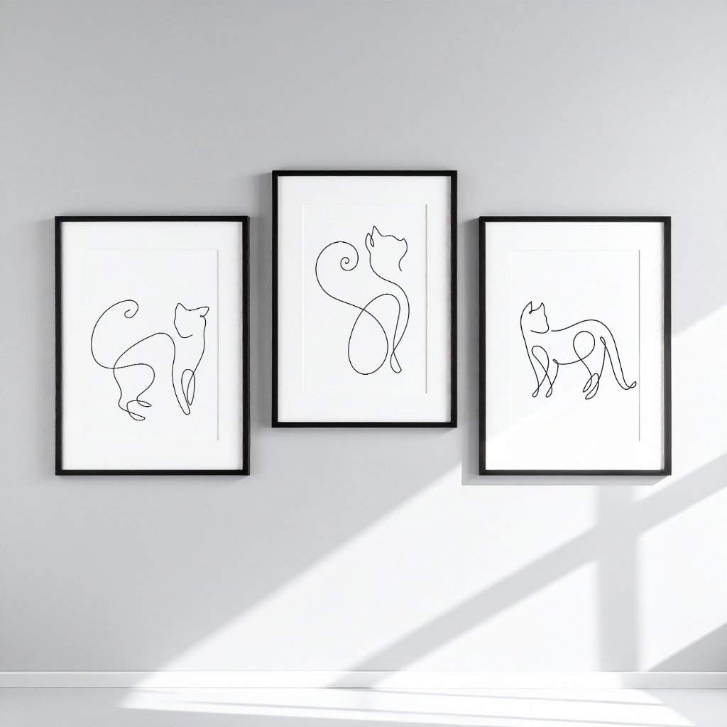 国内配送・送料無料】猫×抽象画×線画×モノトーン×キャンバスアート