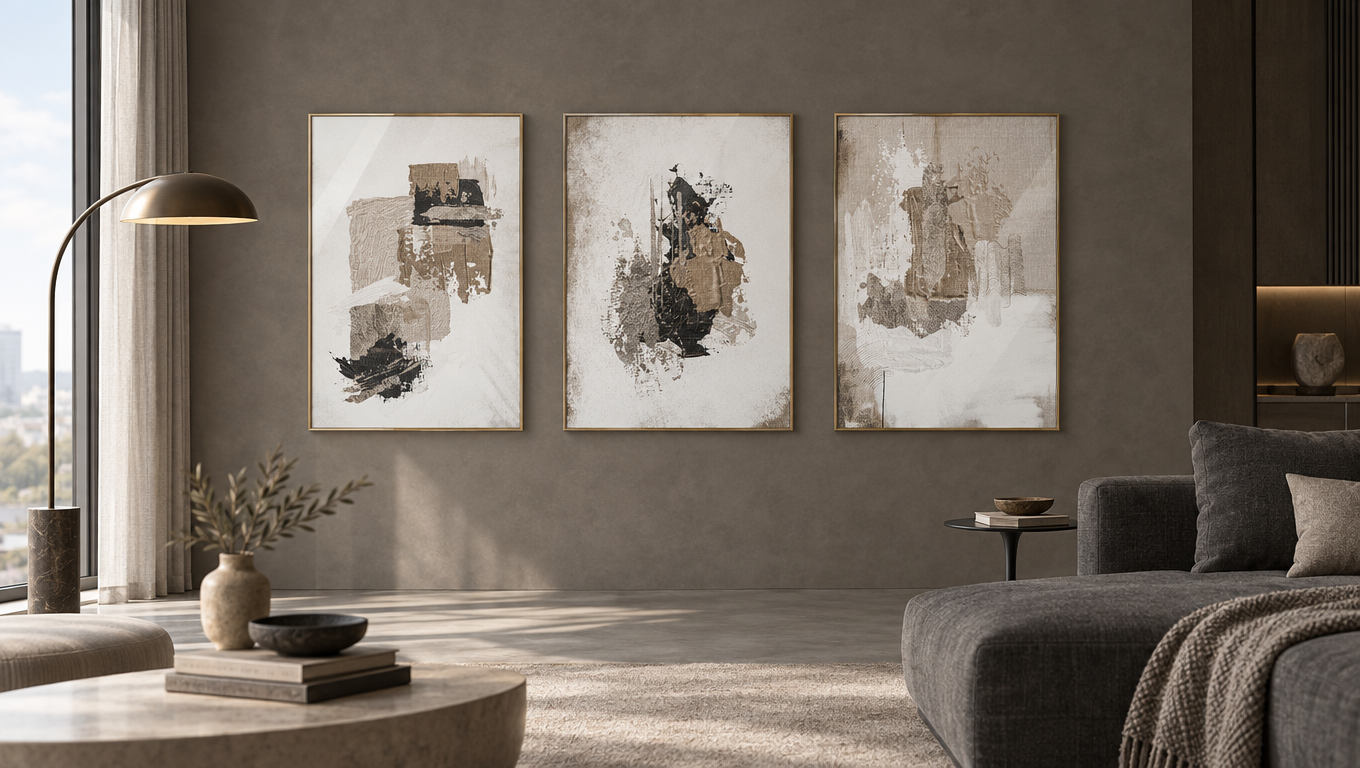 HOTEL-LIKE MODERN COLLECTION グレージュ×ブラックの抽象アートを3枚飾った、ホテルのようなリビング
