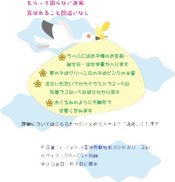 【送料無料】出産内祝いギフト　山形県産特別栽培米コシヒカリ２ｋｇ　Baby 米ビーミニ　出産祝いのお返しに　名入れラベル付き画像