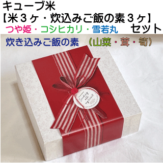 店長オススメキューブ型お米セット【米３種・炊込みごはんの素３種】 お祝い・内祝い・お返し・引き出物・プレゼント　贈答用米の画像