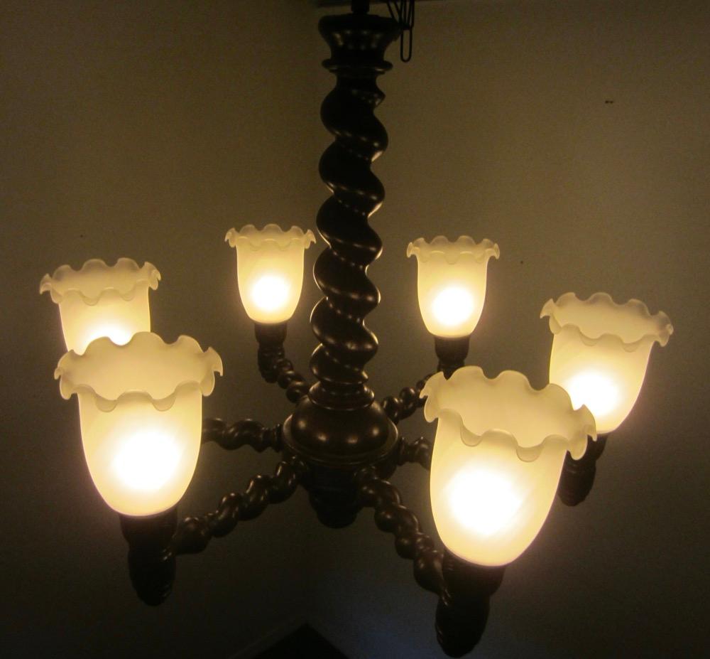 イギリス アンティーク オーク バーリーシュガーツイスト 6灯シャンデリア画像