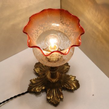 フランス アンティーク エッチングガラス＆ブロンズ テーブルランプ画像
