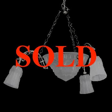 フランス アールデコデザイン フロストガラスシェード ＆ ブラス 4灯シャンデリアの画像