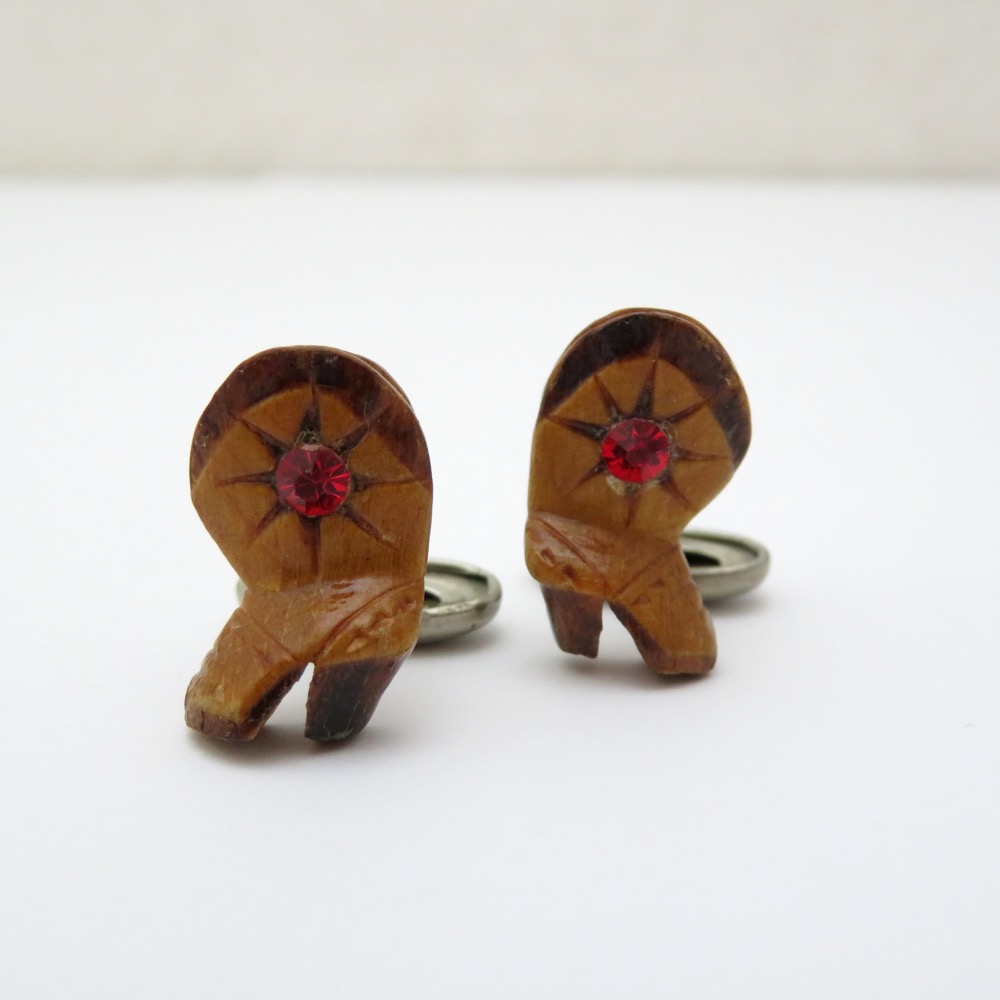 アメリカ ヴィンテージ カウボーイブーツ 木製カフリンクスの画像