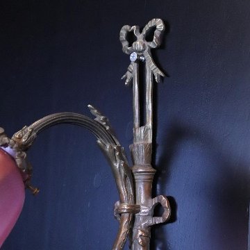 フランス アンティーク クランベリーサチネガラス ソリッドブラス ウォールランプの画像
