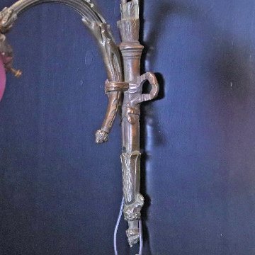 フランス アンティーク クランベリーサチネガラス ソリッドブラス ウォールランプの画像