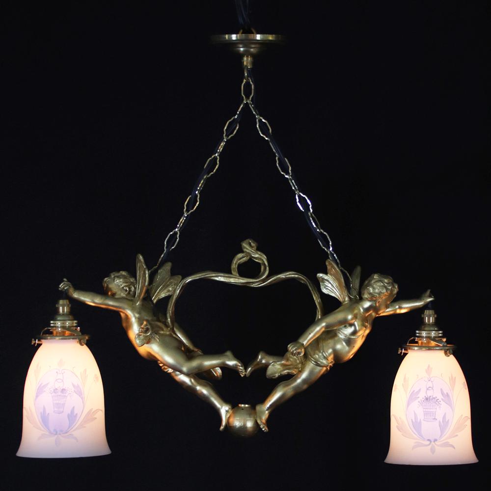 二十世紀初頭 ２灯 ブロンズ フィギュラルシャンデリアの画像