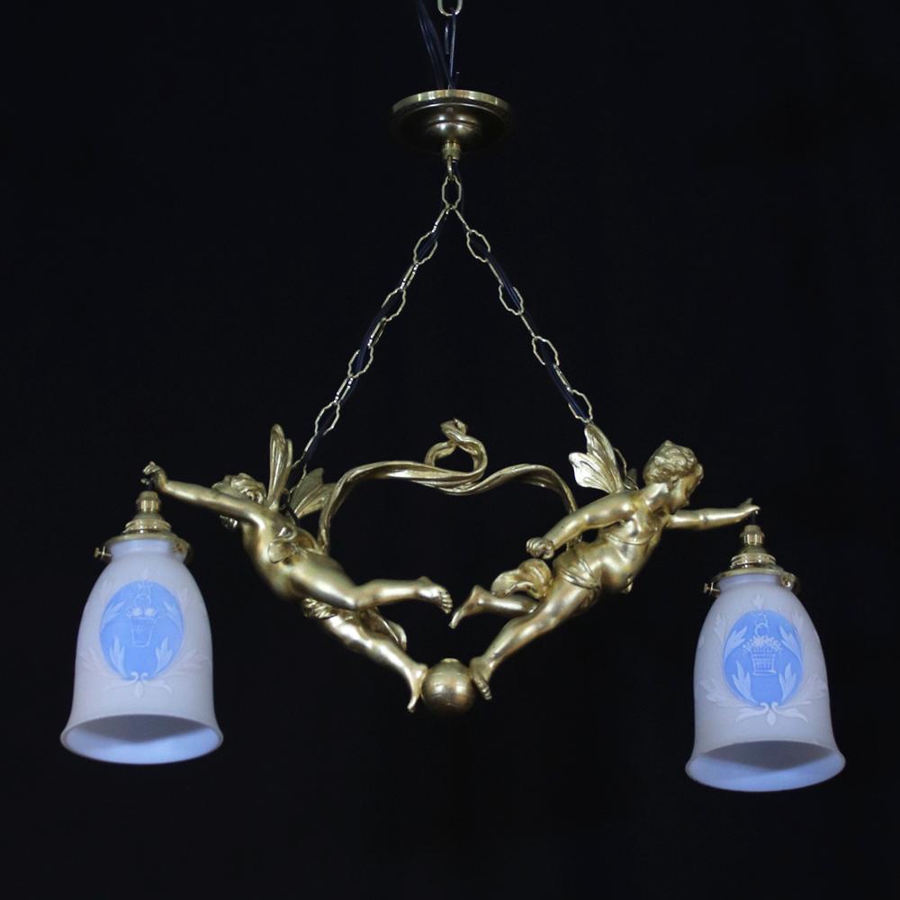 二十世紀初頭 ２灯 ブロンズ フィギュラルシャンデリアの画像