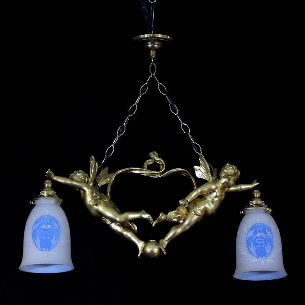 二十世紀初頭 ２灯 ブロンズ フィギュラルシャンデリアの画像