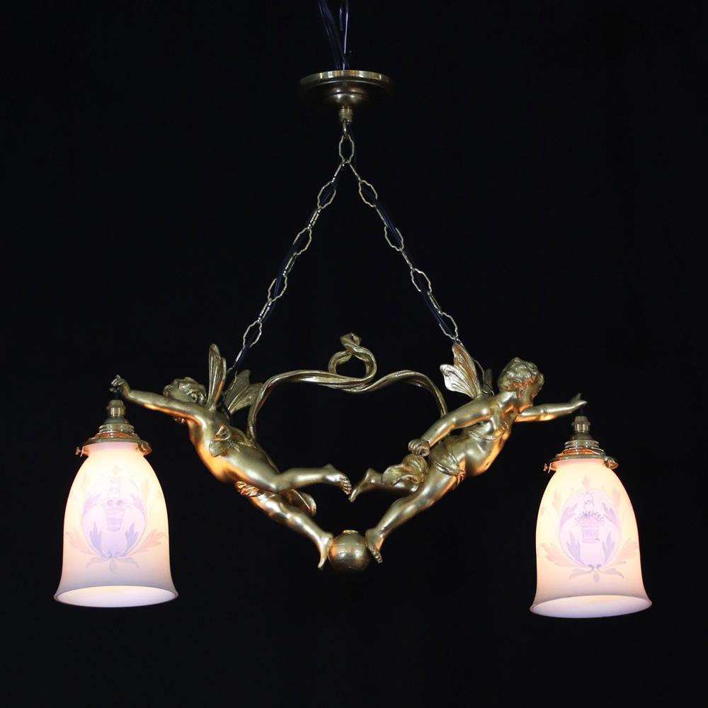 二十世紀初頭 ２灯 ブロンズ フィギュラルシャンデリアの画像