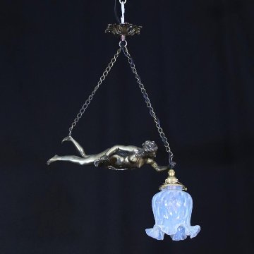 二十世紀初頭 フランス オパールセントガラス ブロンズ フィギュラル ハンギングランプの画像